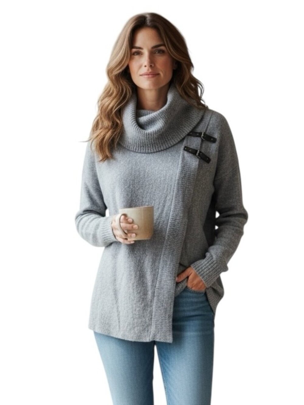 ELLEN TRACY Soft Merino Gray Wool Cowl Neck w/ Buckle Accents – L